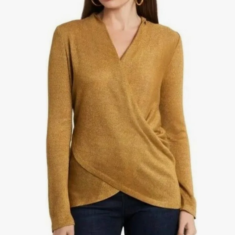 1. State Sparkle Cozy Crisscross Front Knit Gold Mettalic Top Size Medium